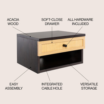 Celerie 15.71" Mid-Century Modern Floating Wall Mounted Nightstand with Soft-Close Rattan Drawer and Cable Hole - JONATHAN Y